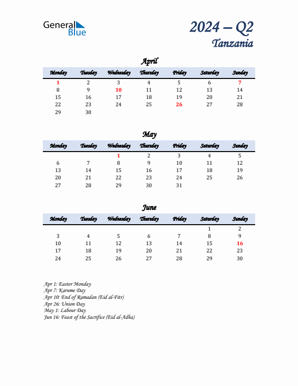 April, May, and June Calendar for Tanzania with Monday Start