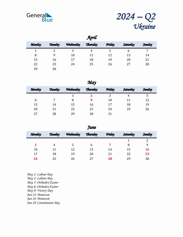 April, May, and June Calendar for Ukraine with Monday Start