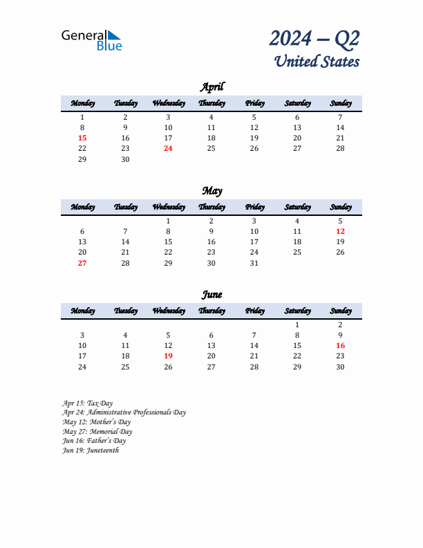 April, May, and June Calendar for United States with Monday Start