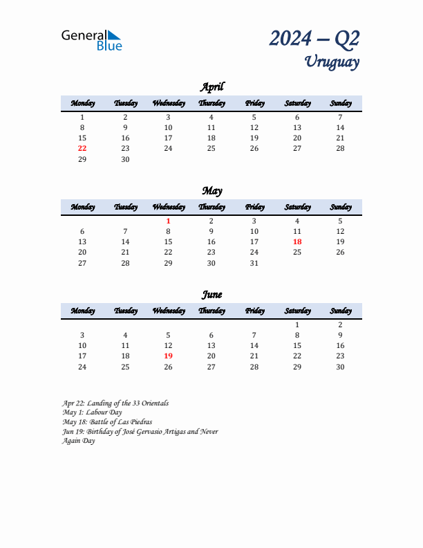 April, May, and June Calendar for Uruguay with Monday Start