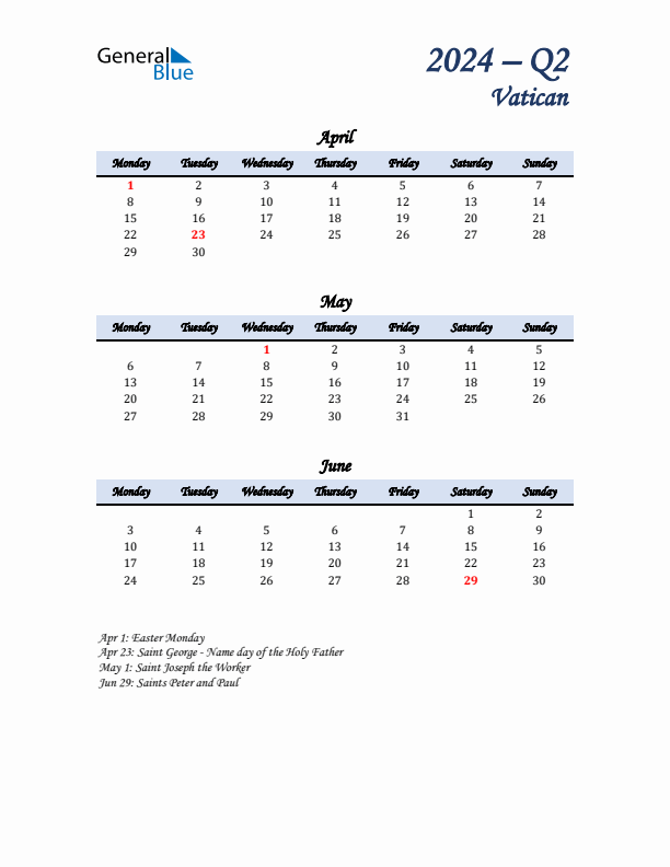 April, May, and June Calendar for Vatican with Monday Start