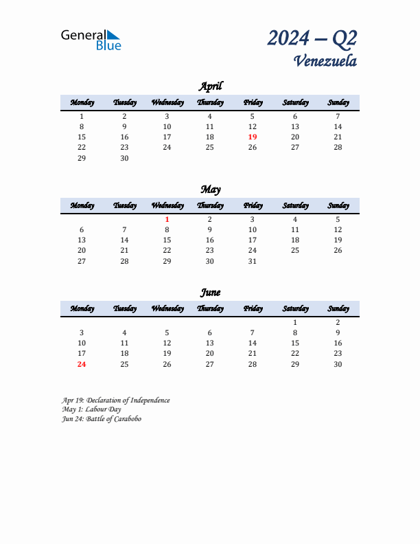 April, May, and June Calendar for Venezuela with Monday Start