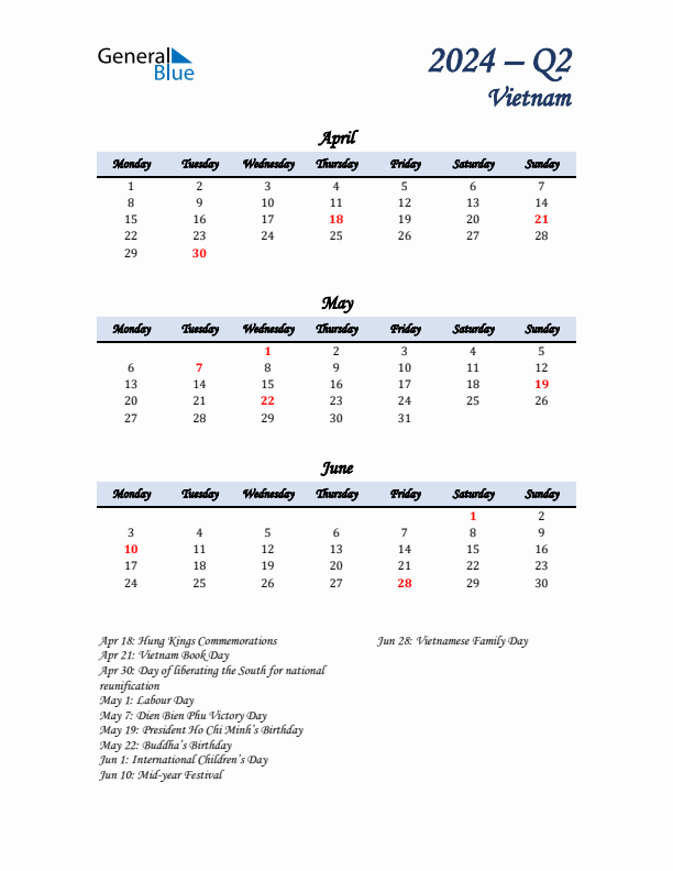 April, May, and June Calendar for Vietnam with Monday Start