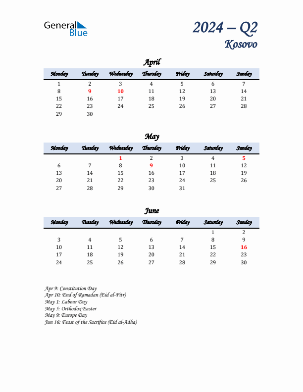 April, May, and June Calendar for Kosovo with Monday Start