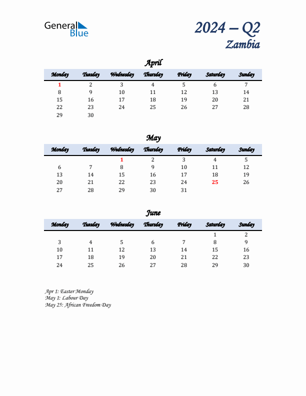 April, May, and June Calendar for Zambia with Monday Start