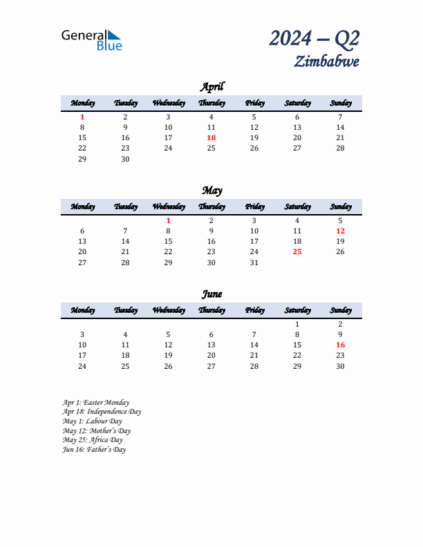 April, May, and June Calendar for Zimbabwe with Monday Start