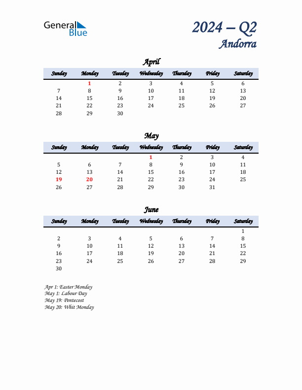 April, May, and June Calendar for Andorra with Sunday Start