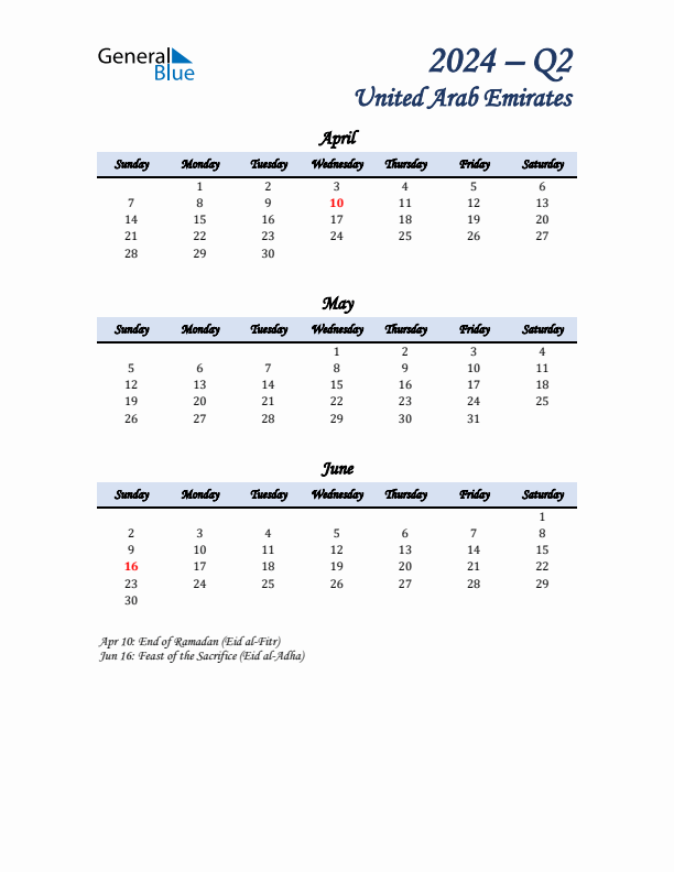 April, May, and June Calendar for United Arab Emirates with Sunday Start