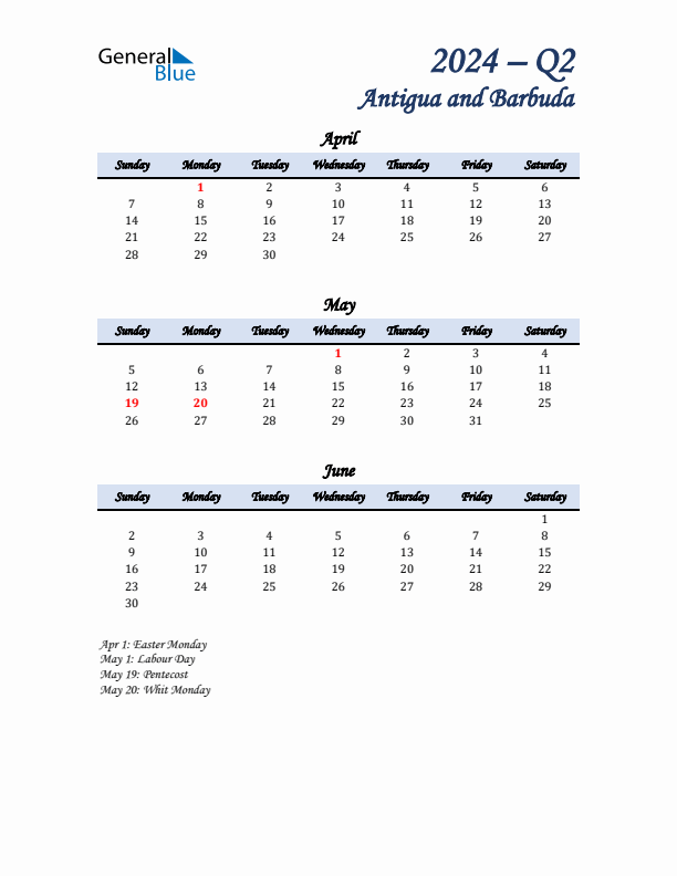 April, May, and June Calendar for Antigua and Barbuda with Sunday Start