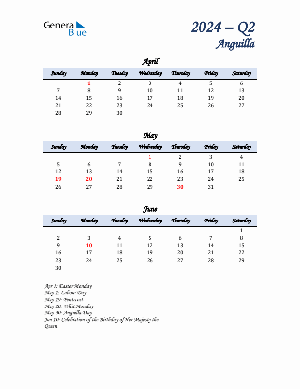 April, May, and June Calendar for Anguilla with Sunday Start