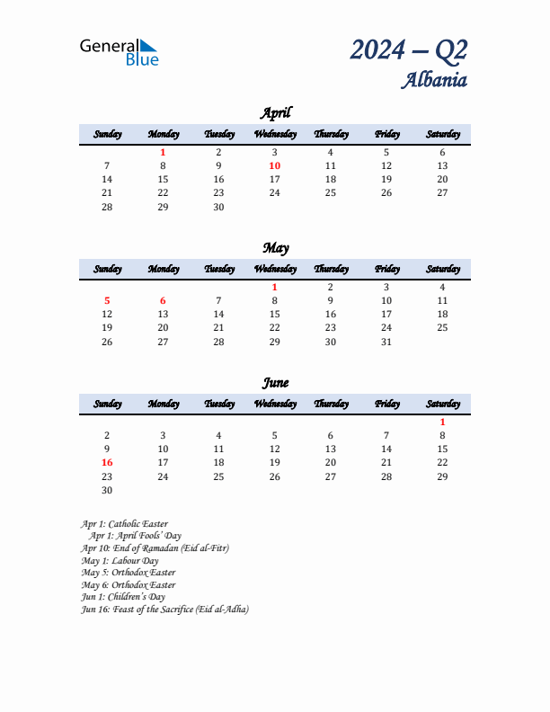 April, May, and June Calendar for Albania with Sunday Start