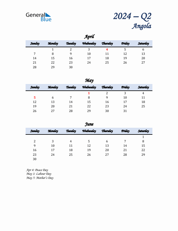 April, May, and June Calendar for Angola with Sunday Start