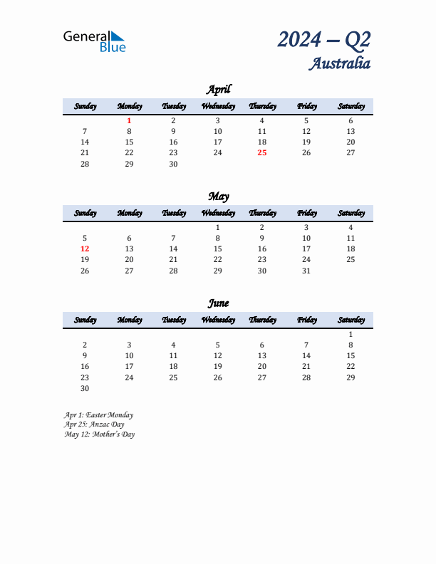 April, May, and June Calendar for Australia with Sunday Start