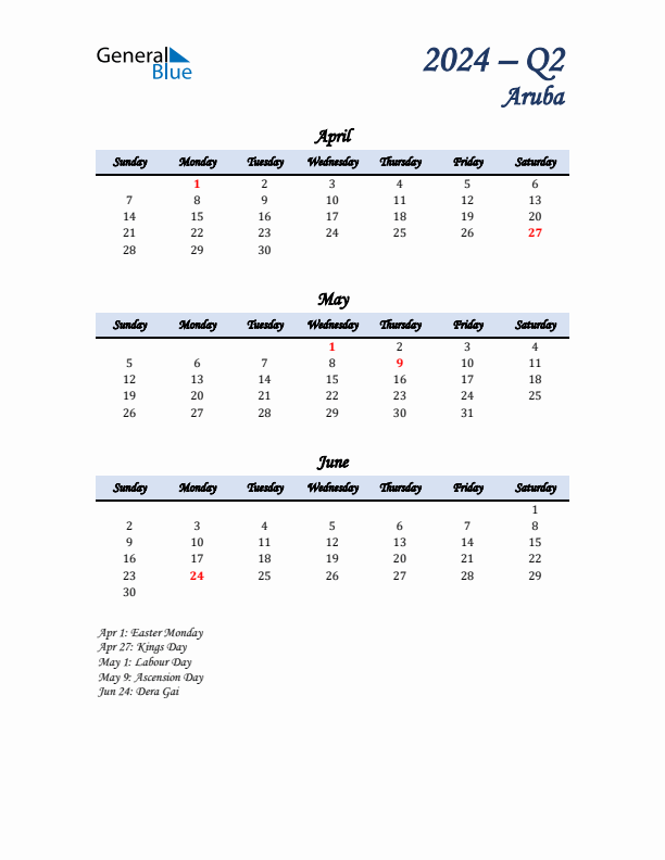 April, May, and June Calendar for Aruba with Sunday Start