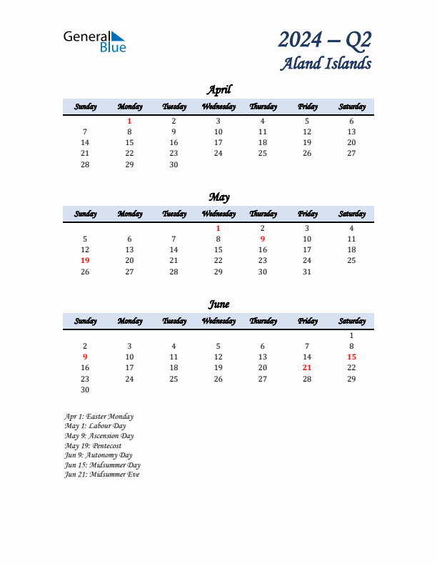 April, May, and June Calendar for Aland Islands with Sunday Start