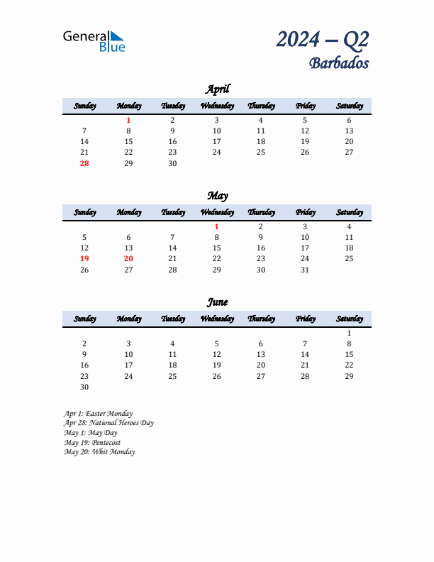 April, May, and June Calendar for Barbados with Sunday Start