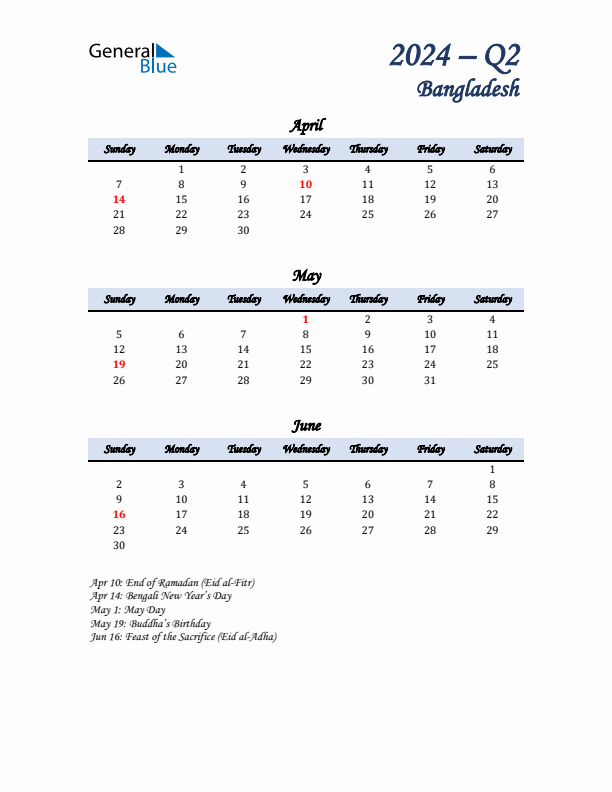 April, May, and June Calendar for Bangladesh with Sunday Start