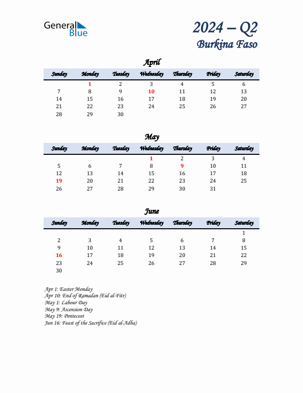 April, May, and June Calendar for Burkina Faso with Sunday Start