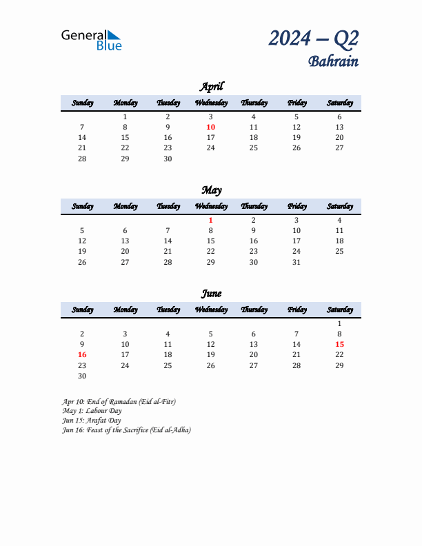 April, May, and June Calendar for Bahrain with Sunday Start