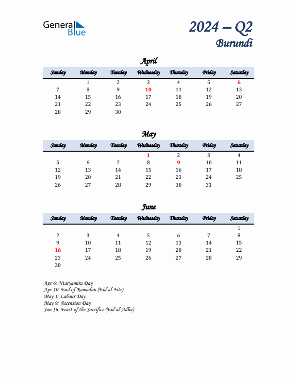 April, May, and June Calendar for Burundi with Sunday Start