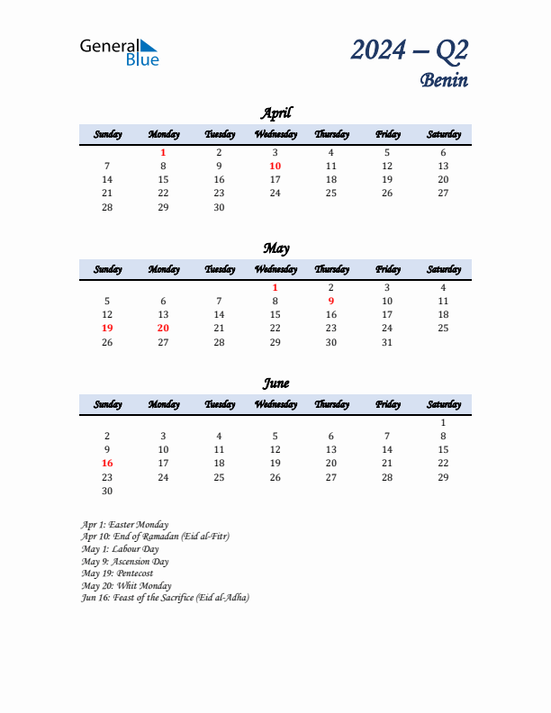 April, May, and June Calendar for Benin with Sunday Start