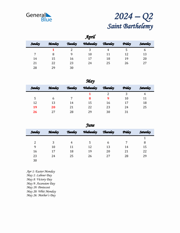 April, May, and June Calendar for Saint Barthelemy with Sunday Start