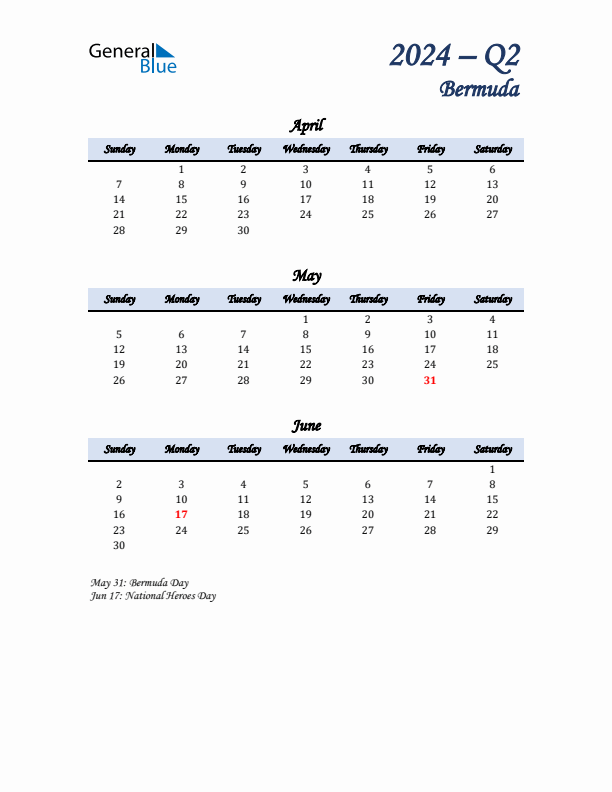 April, May, and June Calendar for Bermuda with Sunday Start