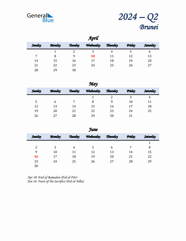 April, May, and June Calendar for Brunei with Sunday Start