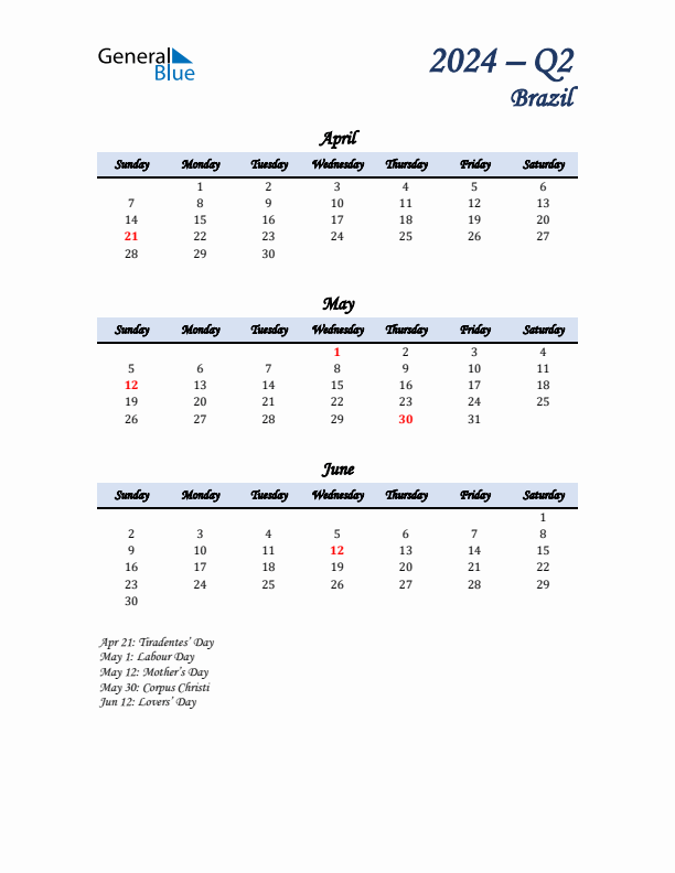 April, May, and June Calendar for Brazil with Sunday Start