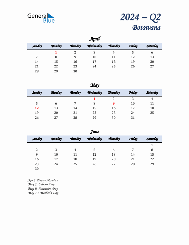 April, May, and June Calendar for Botswana with Sunday Start