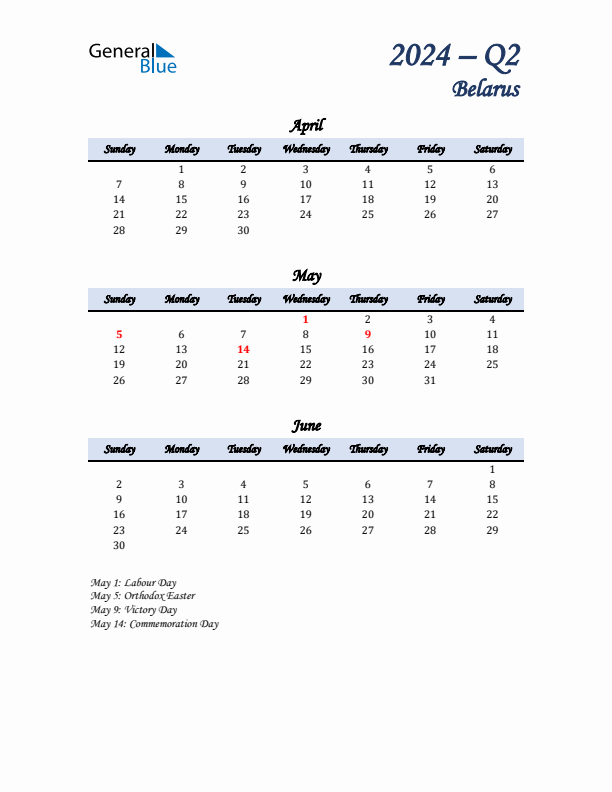 April, May, and June Calendar for Belarus with Sunday Start