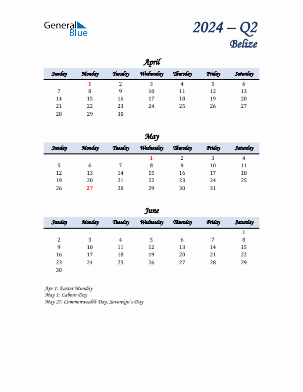 April, May, and June Calendar for Belize with Sunday Start