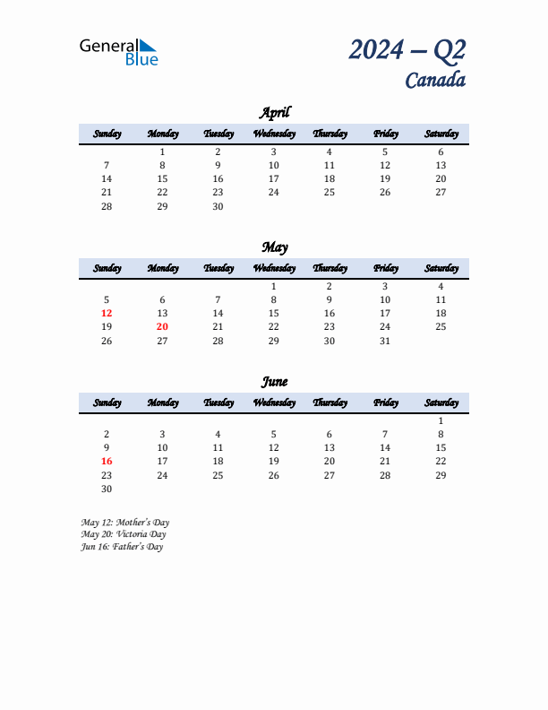 April, May, and June Calendar for Canada with Sunday Start