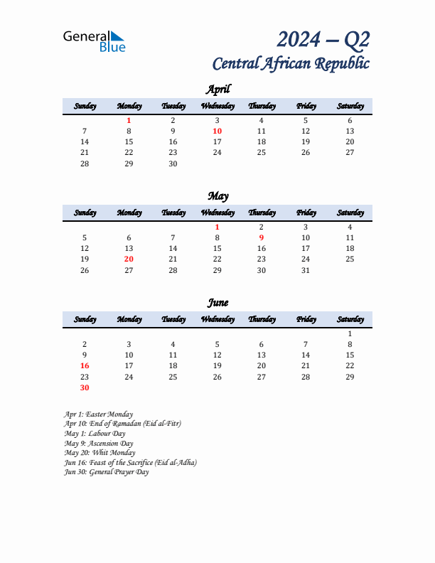 April, May, and June Calendar for Central African Republic with Sunday Start