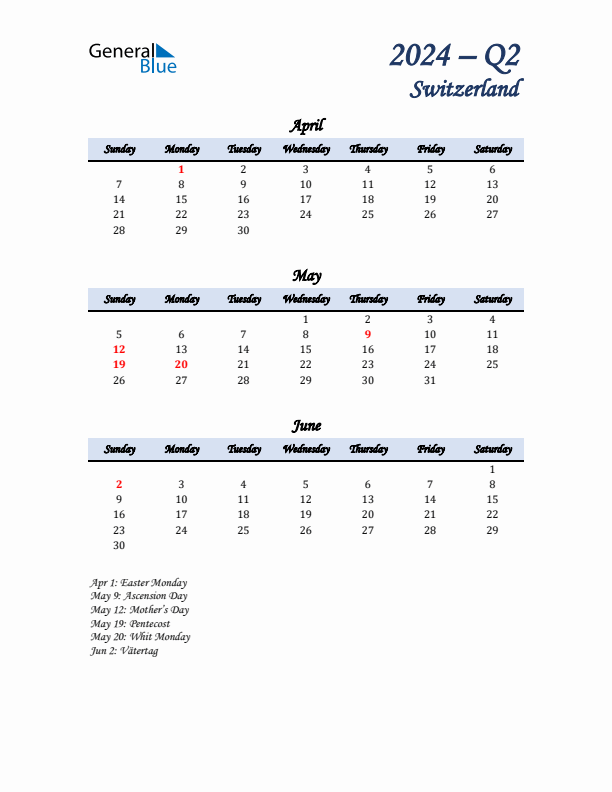 April, May, and June Calendar for Switzerland with Sunday Start