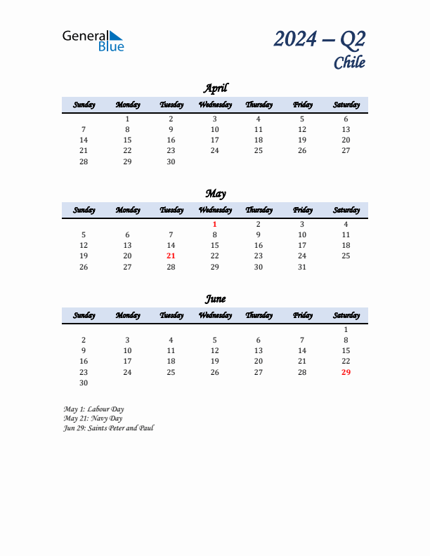 April, May, and June Calendar for Chile with Sunday Start