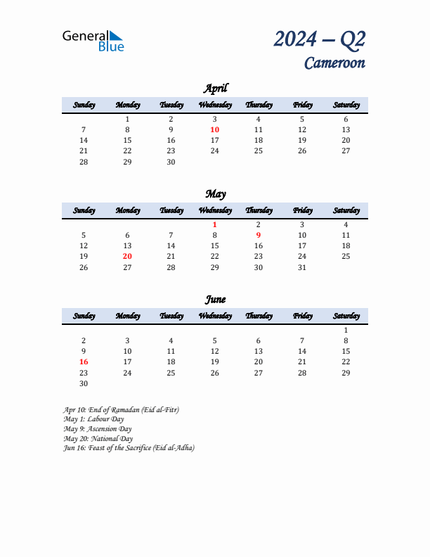 April, May, and June Calendar for Cameroon with Sunday Start