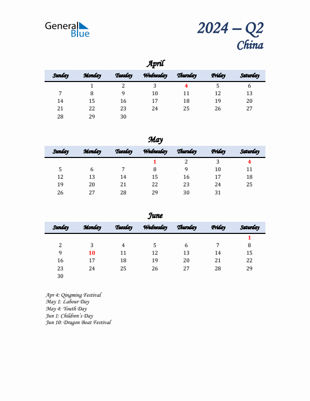 April, May, and June Calendar for China with Sunday Start