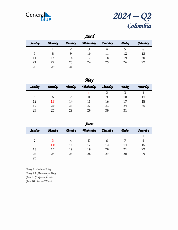 April, May, and June Calendar for Colombia with Sunday Start