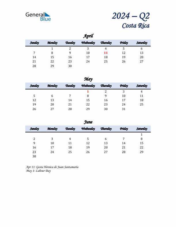 April, May, and June Calendar for Costa Rica with Sunday Start