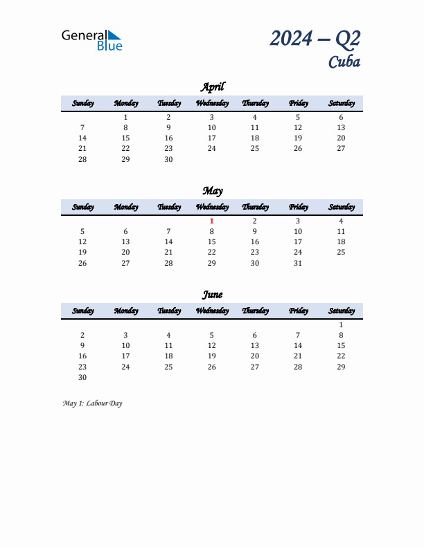 April, May, and June Calendar for Cuba with Sunday Start