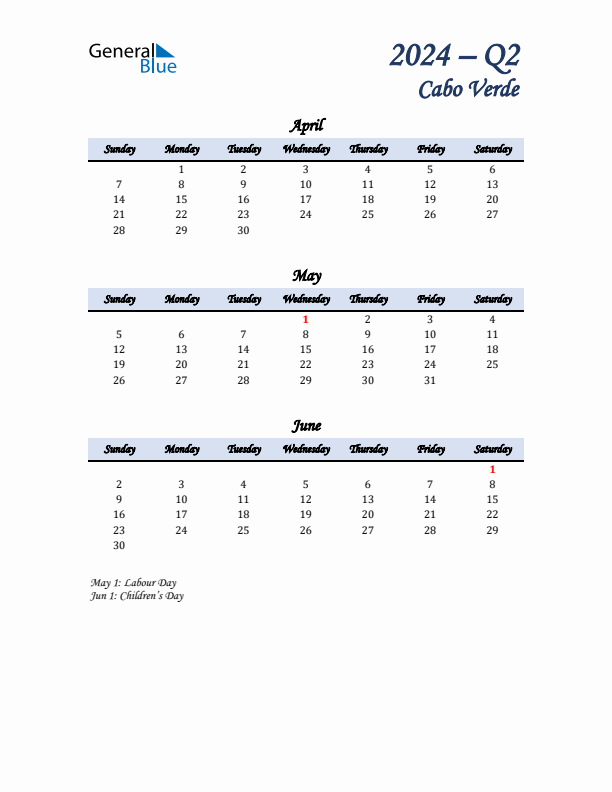 April, May, and June Calendar for Cabo Verde with Sunday Start