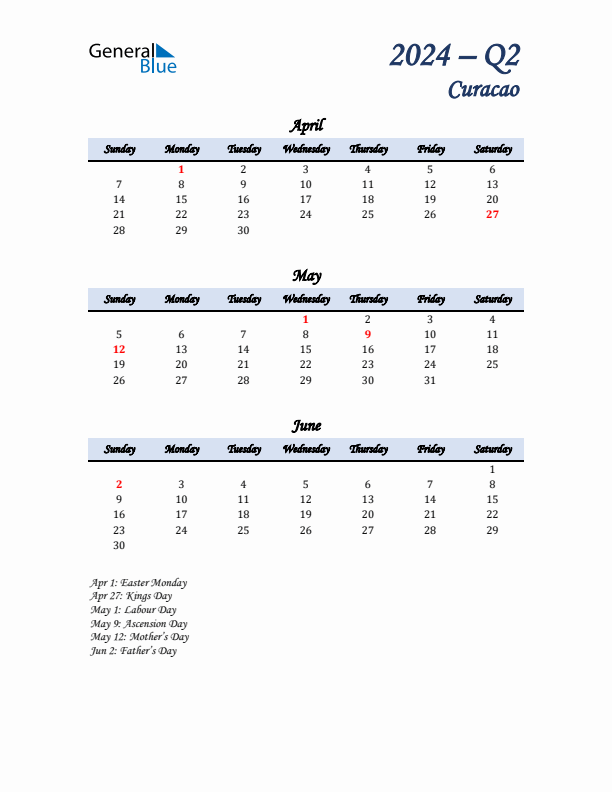 April, May, and June Calendar for Curacao with Sunday Start