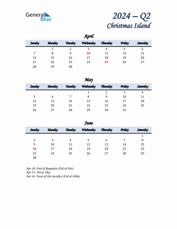 April, May, and June Calendar for Christmas Island with Sunday Start