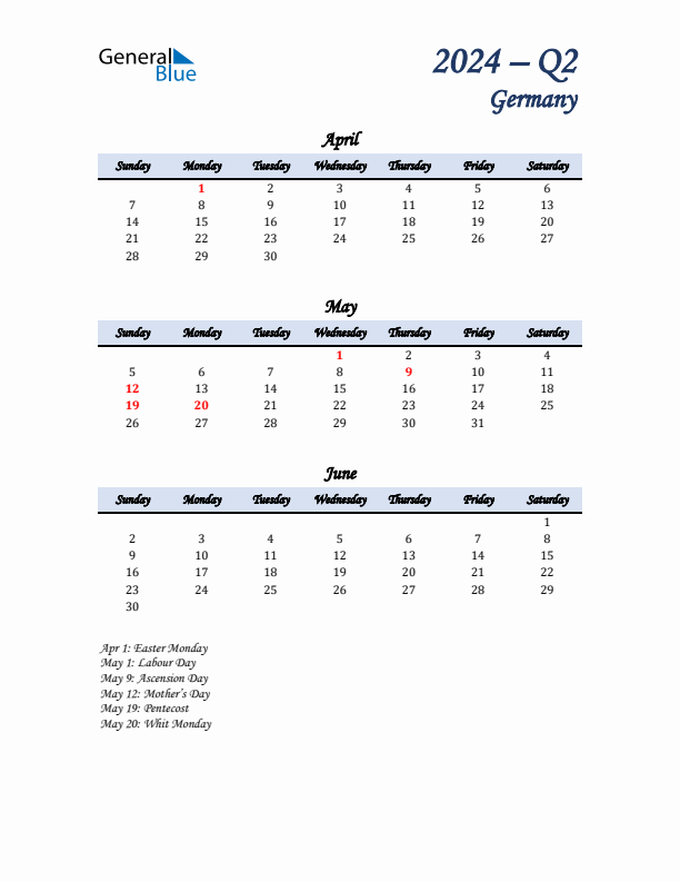 April, May, and June Calendar for Germany with Sunday Start