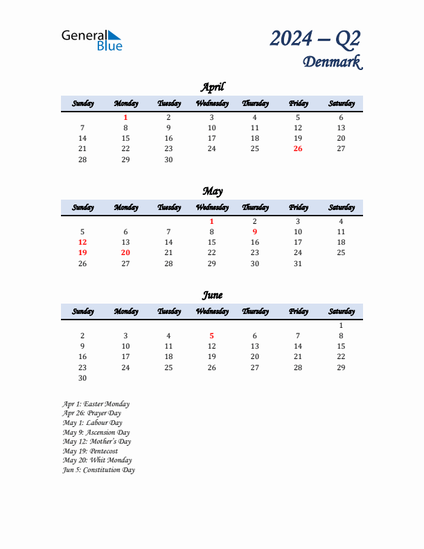 April, May, and June Calendar for Denmark with Sunday Start