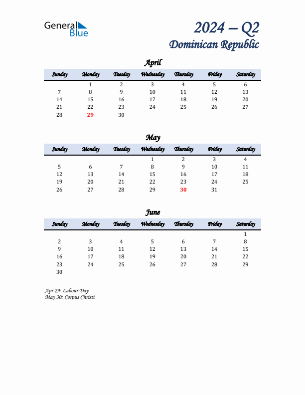 April, May, and June Calendar for Dominican Republic with Sunday Start