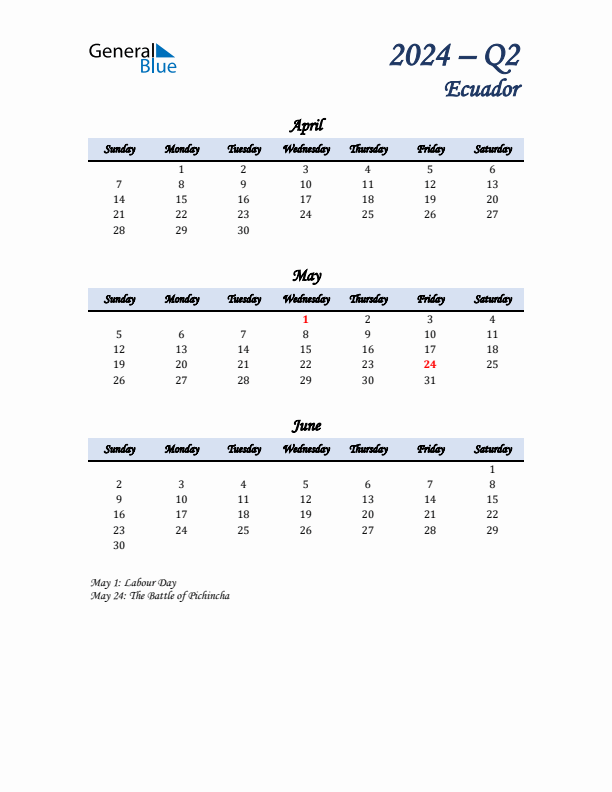 April, May, and June Calendar for Ecuador with Sunday Start