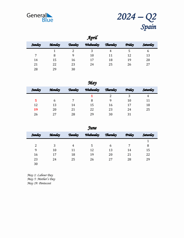 April, May, and June Calendar for Spain with Sunday Start