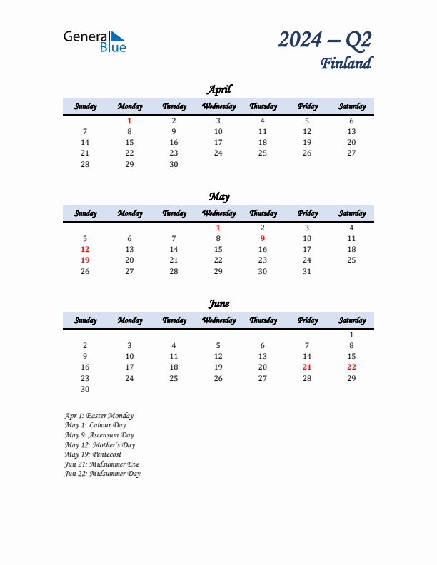 April, May, and June Calendar for Finland with Sunday Start